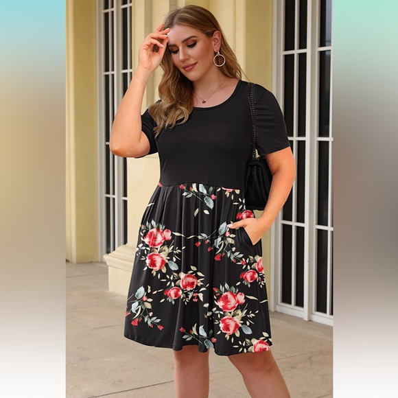 EUC AUSELILY Plus Size 22 Swing Dress Pockets Knee Length black pink rose print - Picture 2 of 7